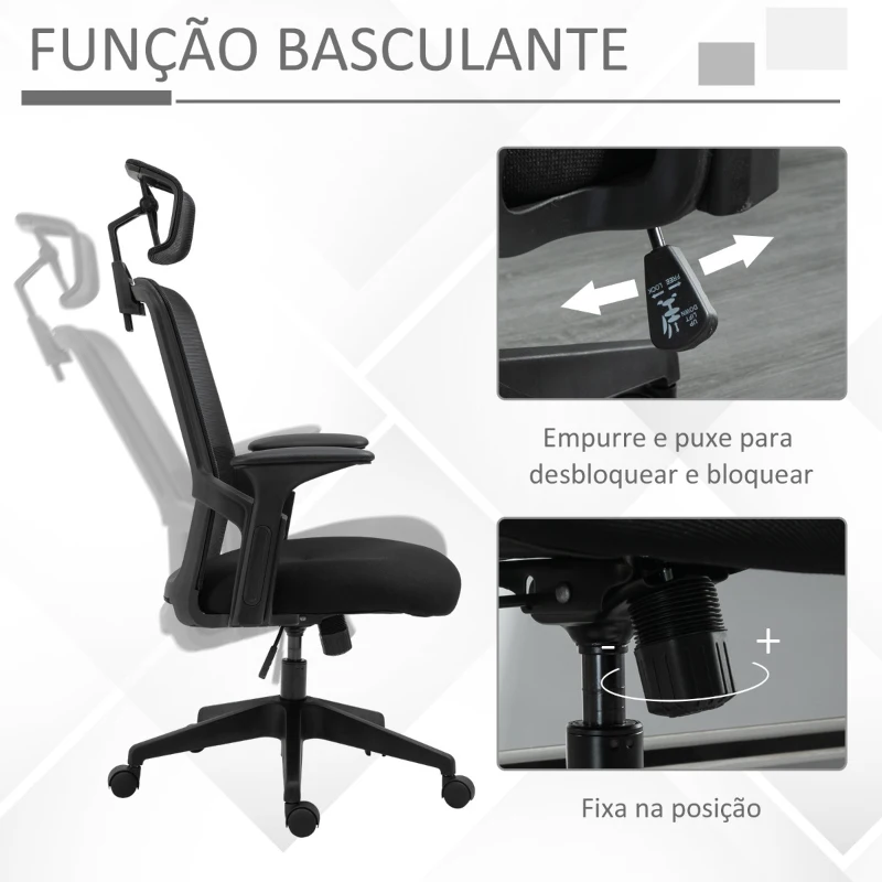Vinsetto Cadeira de Escritório Ergonômica Cadeira de Escritório Giratória com Altura Ajustável Apoio para a Cabeça Suporte Lombar Reguláveis e Encosto Transpirável 63,5x64,5x113-122cm Preto
