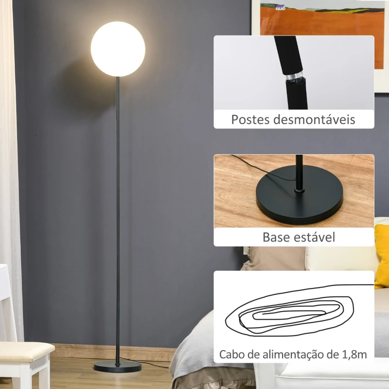 HOMCOM Candeeiro de Pé LED 18W/1800 lm com 3 Brilhos Ajustáveis Ecrã Giratório e Base de Metal Candeeiro de Leitura Moderno para Sala de Estar Dormitório Ø28x171,5cm Preto