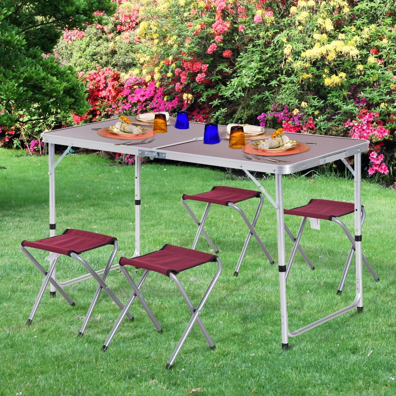 Outsunny Mesa Mala de Alumínio com 4 tamboretes dobrável portátil Altura Ajustável para Acampamento 120x60x69cm Marrom e Vermelho