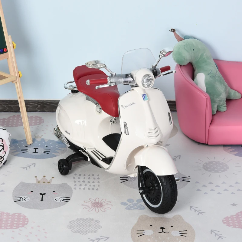 HOMCOM Mota Elétrica Vespa com Faróis Música 2 Rodas Auxiliares para Crianças acima de 3 Anos 108x49x75 cm Branco