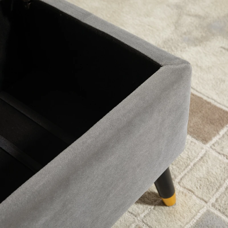HOMCOM Banco de Armazenamento com Tampa Puff Estofado em Veludo com Assento Acolchoado e Pés de Madeira para Dormitório Entrada 110x43x45cm Cinza