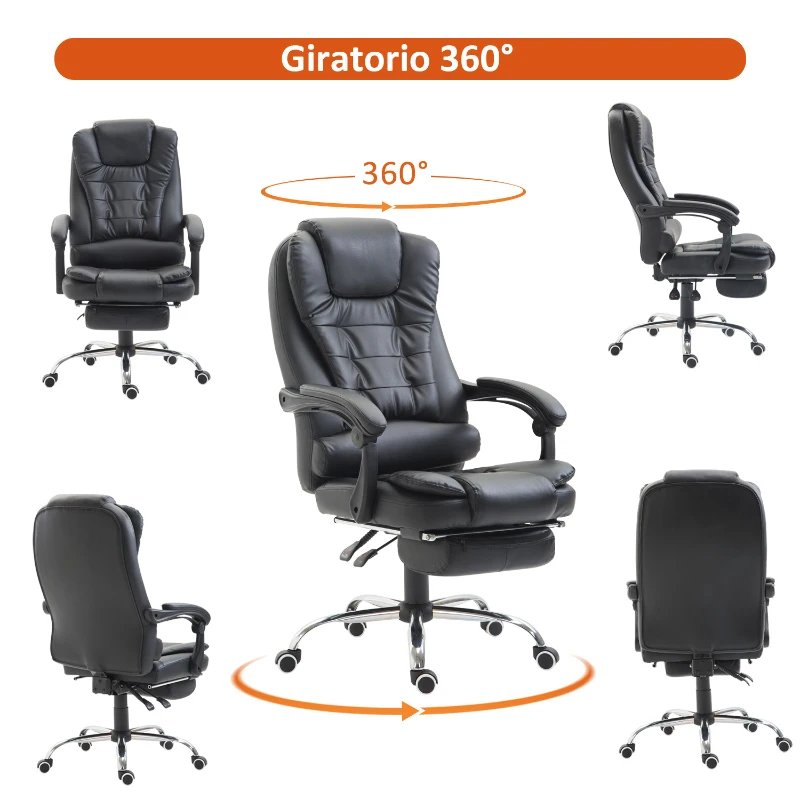 HomCom Cadeira de Escritório Ergonómica Reclinável 145° e Giratória 360º com pousa-pés - 64,5x69x117-127cm