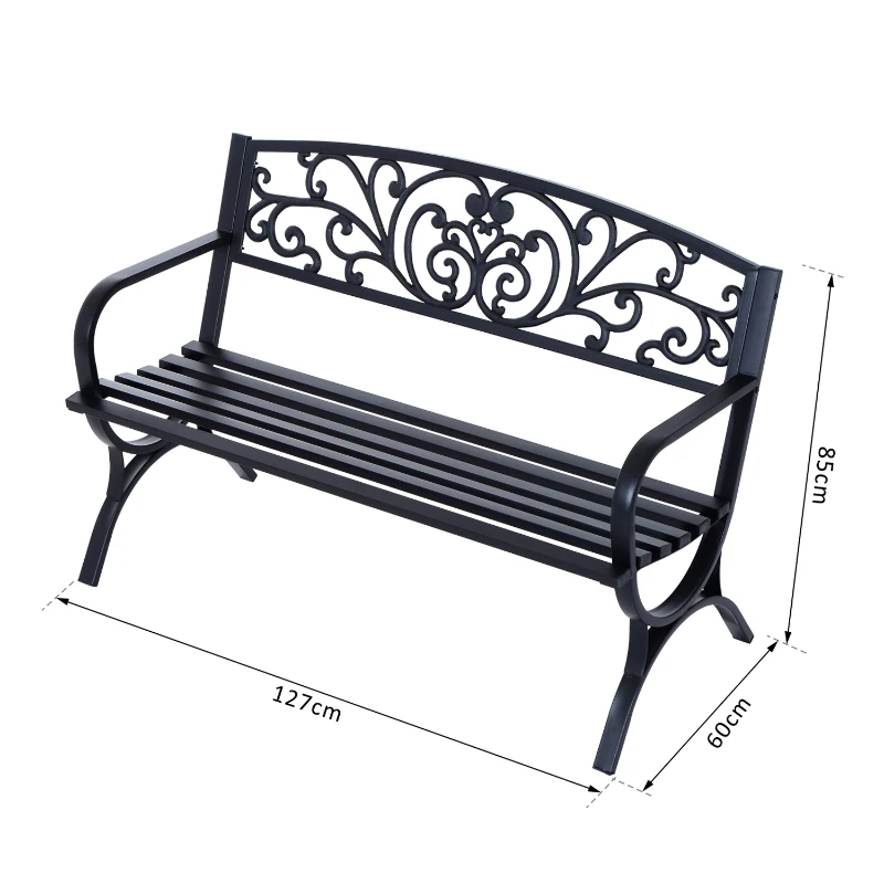 Outsunny Banco de jardim de 2 lugares Banco de terraço de ferro com design clássico 127x60x85cm Preto