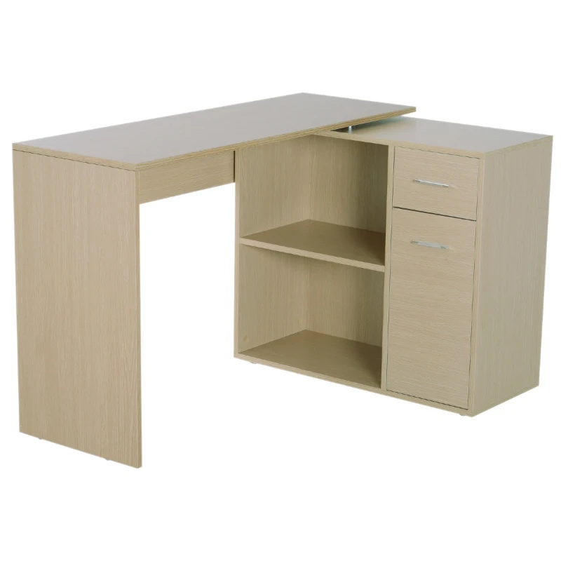 HOMCOM  Escritório Multi-Formas Rotação 180° com 2 Prateleiras 1 Porta 1 Gaveta  Madeira