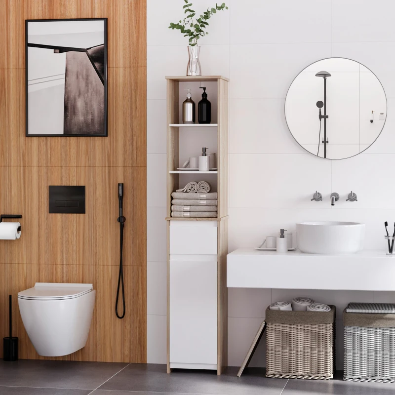 Kleankin Armário de banheiro alto com 1 porta  gaveta e 3 estantes Prateleira ajustável para sala de estar de cozinha 32,6x30x171,2 cm Madeira natural e branco
