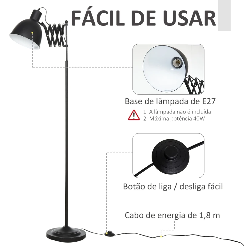 HOMCOM Lâmpada de pé com braço extensível tela ajustável Pedal interruptor Bulb Max. 40W Estrutura de metal Ф25x140 cm preto