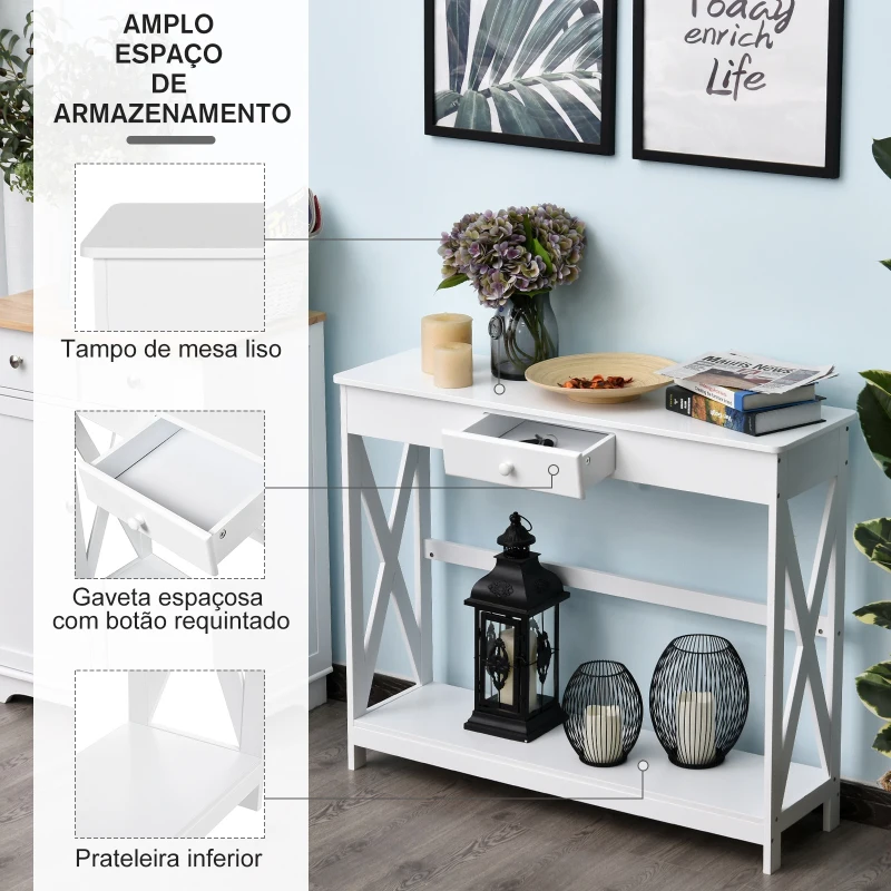 HOMCOM Mesa Consola Clássica com 1 Gaveta e 1 Prateleira de Armazenamento para a Entrada Mesa Auxiliar Sala de Estar Estilo Elegante 100x30x81cm Branco