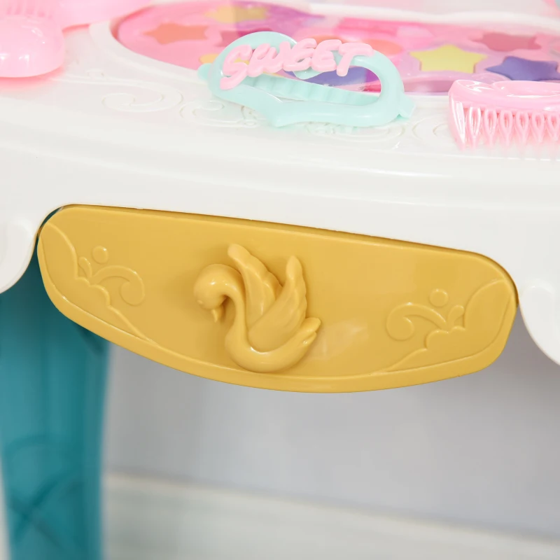 HOMCOM Toucador Infantil com Banco Espelho com Luz Música Secador e 20 Acessórios Toucador de Maquilhagem para Crianças acima de 3 Anos 41x27x82cm Multicolor