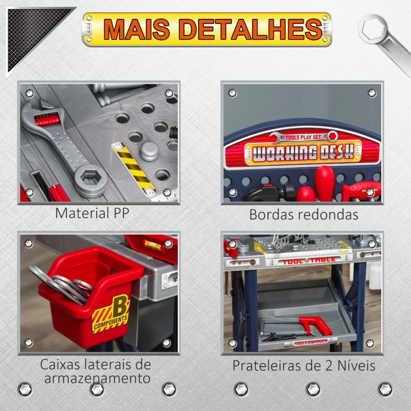 HOMCOM Bancada de Ferramentas para Crianças acima de 3 Anos Inclui 55 peças com Berbequim Elétrico Chave Inglesa Alicates Brinquedo de Aprendizagem 69x26,5x75cm Multicor