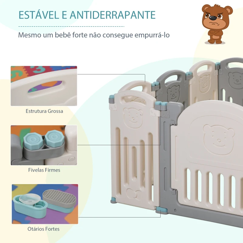 HOMCOM Parque infantil para bebês acima de 6 meses com porta dobrável 12 painéis Flexível  108x133x58 cm Cinza e Branco