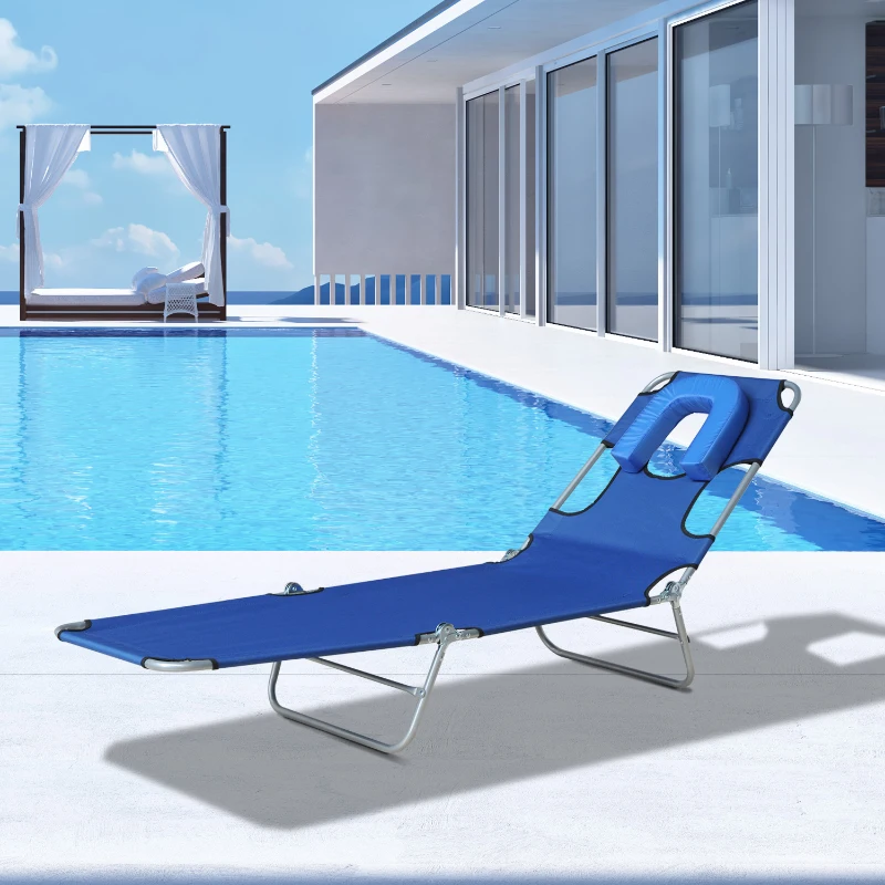 Espreguiçadeira Reclinável e Dobrável  com Travesseiro – Ferro e Oxford – 182 x 56 x 24,5 cm