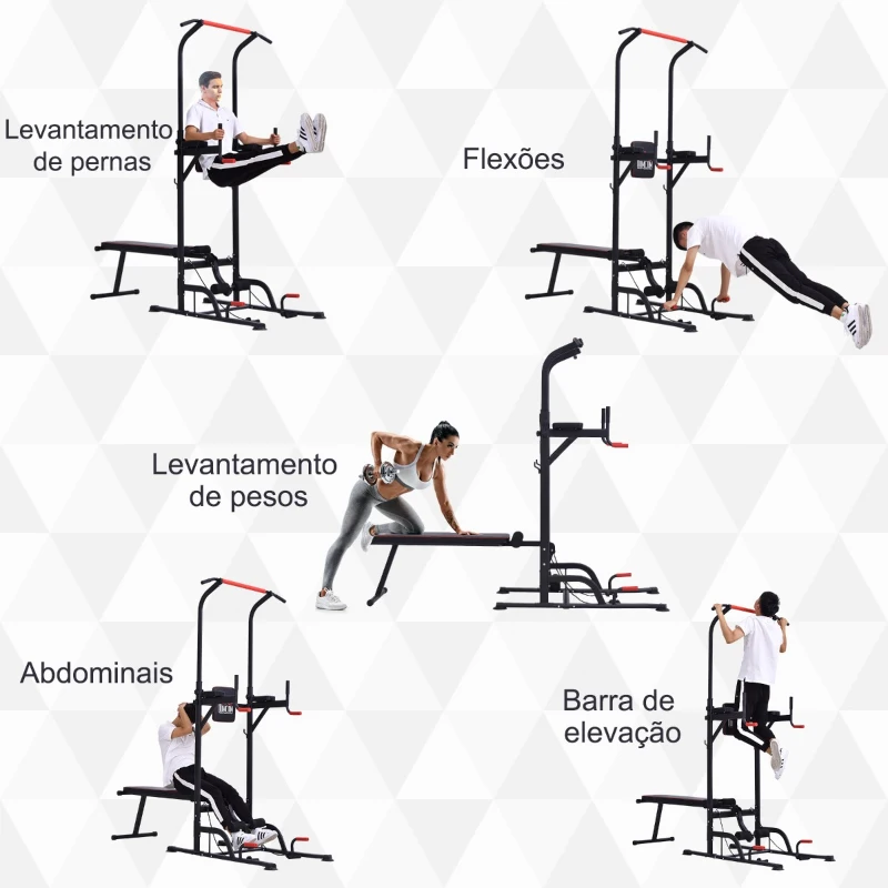 HOMCOM Estação de Musculação Multifuncional Torre de Treinamento com Altura Ajustável com Banco Dobrável Barra de Elevação para Fitness 220x98x181-229cm Preto
