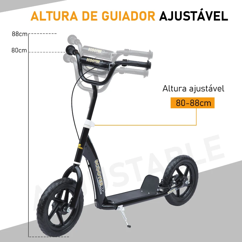 HOMCOM Trotinete com 2 Rodas de 12 Polegadas Trotinete para Crianças com Guiador Ajustável Freio e Cavalete Carga Máxima 100kg 120x52x80-88cm Preto