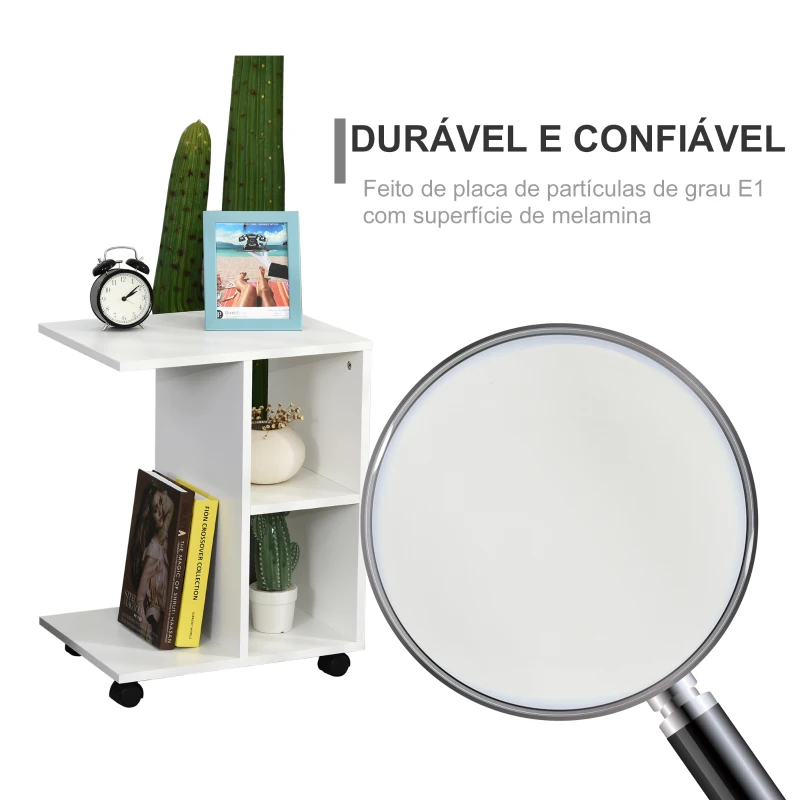 HOMCOM Mesa Auxiliar Moderna Mesa Auxiliar em Forma de C com Rodas e Prateleiras Abertas 45x35x58 cm Branca