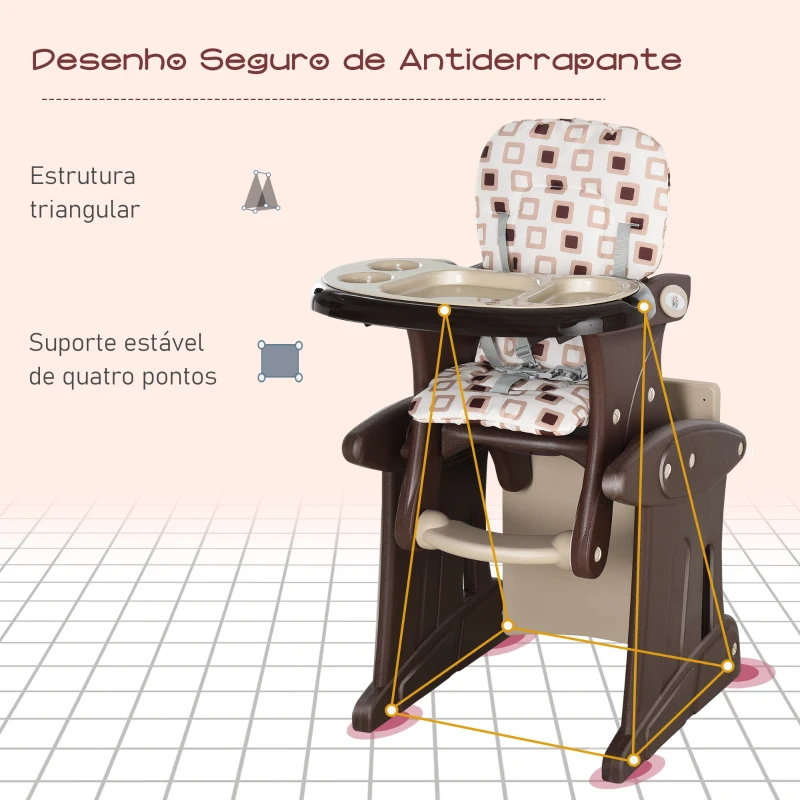 HOMCOM Cadeira para bebês 3 em 1 por mais de 6 meses Transformar em mesa e cadeira multifuncional Ajustável em 3 posições encosto alto Acolchoado com 2 bandejas removíveis 57x59x105 cm Marrom