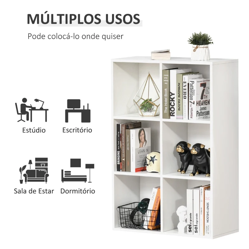 HOMCOM Estante para Livros Estante de Madeira de 3 Níveis com 6 Compartimentos de Armazenamento 65,5x30x97,5cm Branco