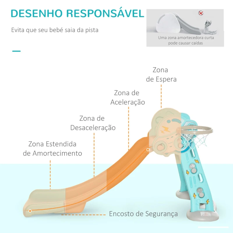HOMCOM Escorrega Infantil Dobrável com Cesta de Basquetebol para Crianças acima de 18 meses Modelo Disco Voador para Interiores e Exteriores 140x87x75cm Azul e Cinza