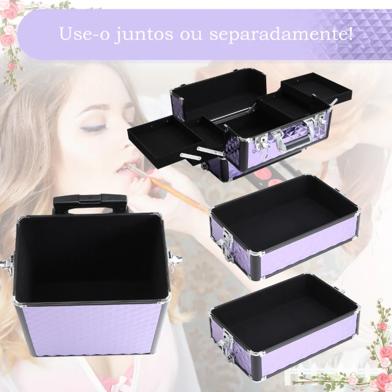 HOMCOM Mala de Maquilhagem Professional com Rodas Universais Diferentes Níveis e Alça Extensível 33,5x23x76-95,5 cm Roxo
