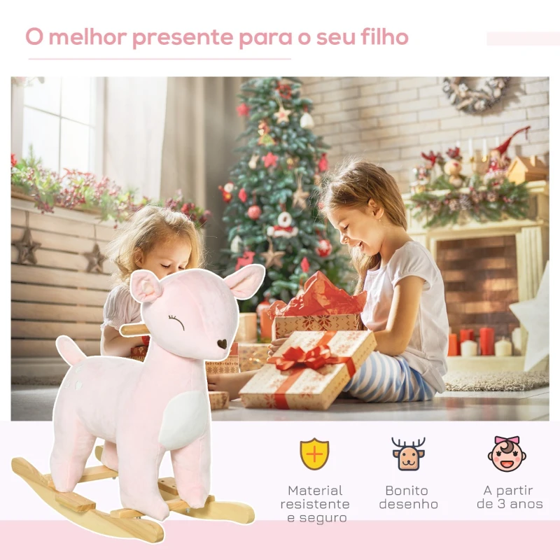 HOMCOM Baloiço Infantil de Cervo para Crianças acima de 3 Anos Baloiço com Sons Realistas de Pelúcia e Base de Madeira Carga 45kg 68x35,5x64cm Rosa
