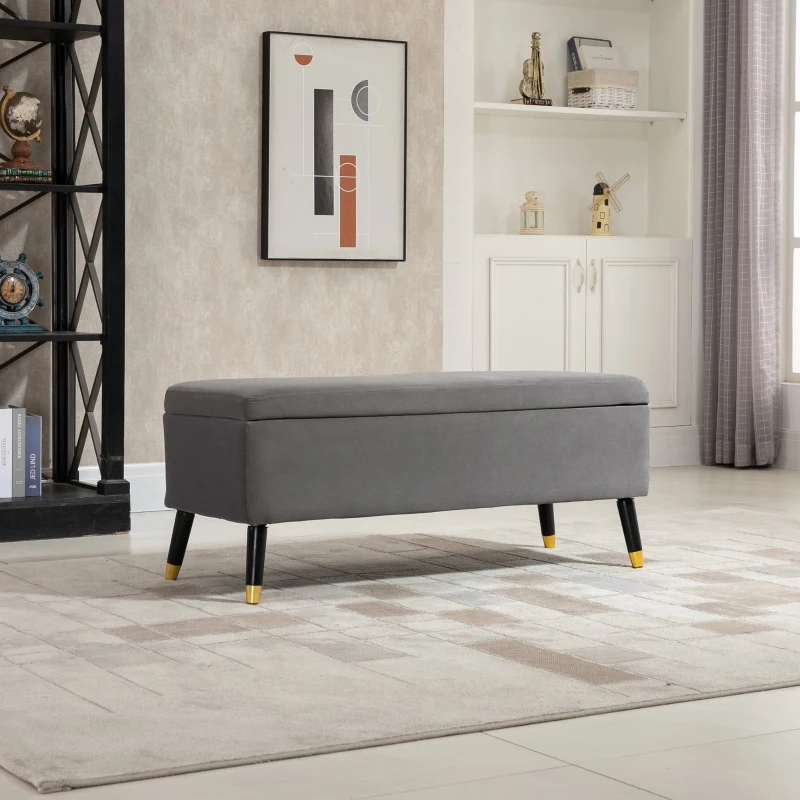 HOMCOM Banco de Armazenamento com Tampa Puff Estofado em Veludo com Assento Acolchoado e Pés de Madeira para Dormitório Entrada 110x43x45cm Cinza