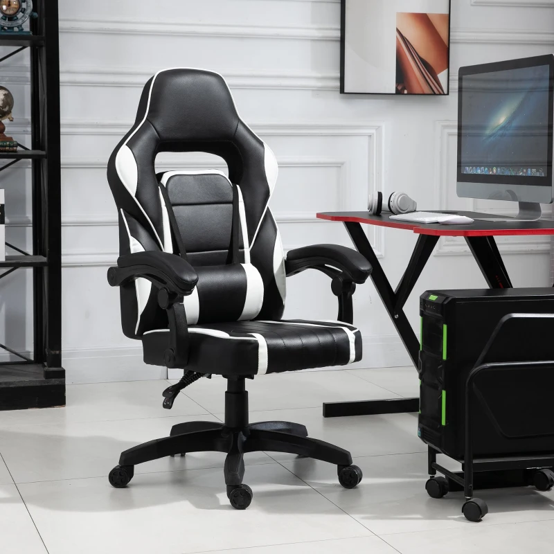 Vinsetto Cadeira gaming para escritório giratório reclinável até 135 ° com encosto alto Apoio de braço ajustável Assento acolchoado 64x69x119-129 cm Branco e Preto
