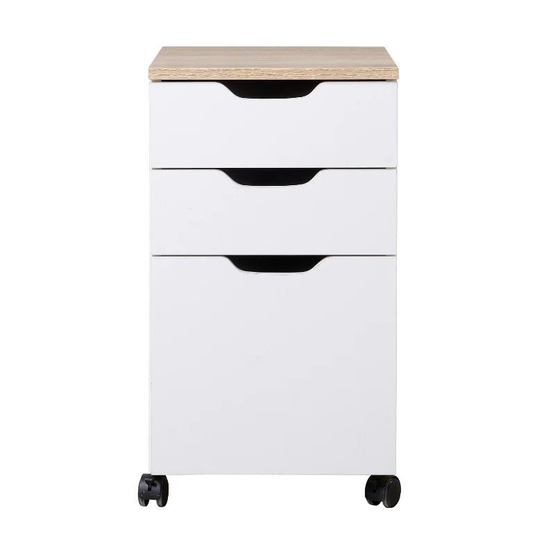 HOMCOM Armário Móvel para Escritório com 3 Gavetas Travão de Rodas Universal para Organizar Documentos 34x40x60,5 cm Branco e Natural