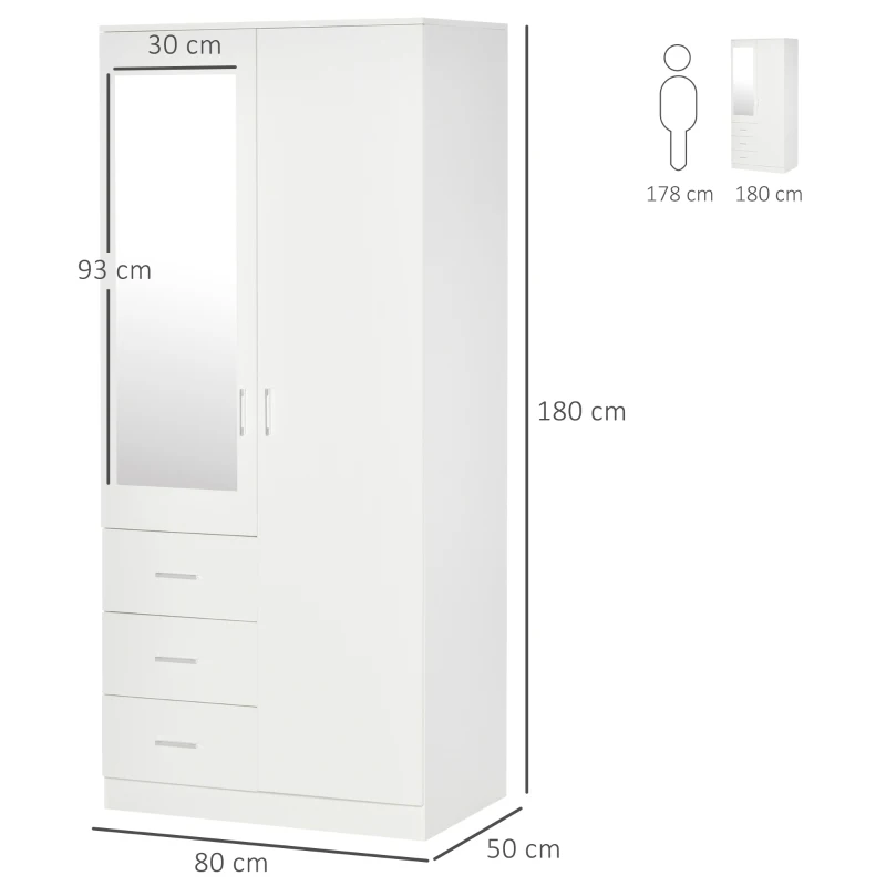 HOMCOM Armário Roupeiro de 2 Portas com Espelho 3 Gavetas Prateleiras Ajustáveis e Barra para Pendurar Incluida Roupeiro para Dormitório 80x50x180cm Branco