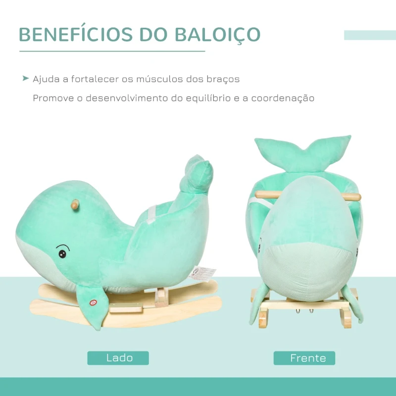 HOMCOM Baloiço com Forma de Baleia para Crianças de 18-36 Meses Baloiço de Pelúcia com Sons Cinto de Segurança e Apoio para os Pés 60x33x50cm Turquesa