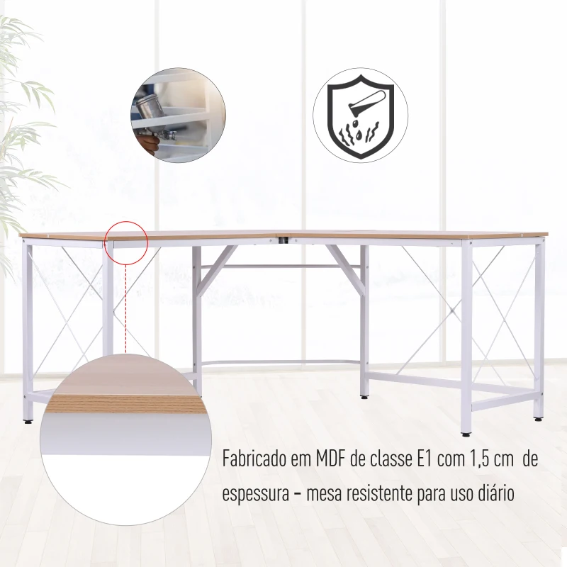 HOMCOM Secretária em Forma de L Secretária para Escritório com Estrutura de Metal Secretária de Canto 150x150x76 cm Branco e Madeira