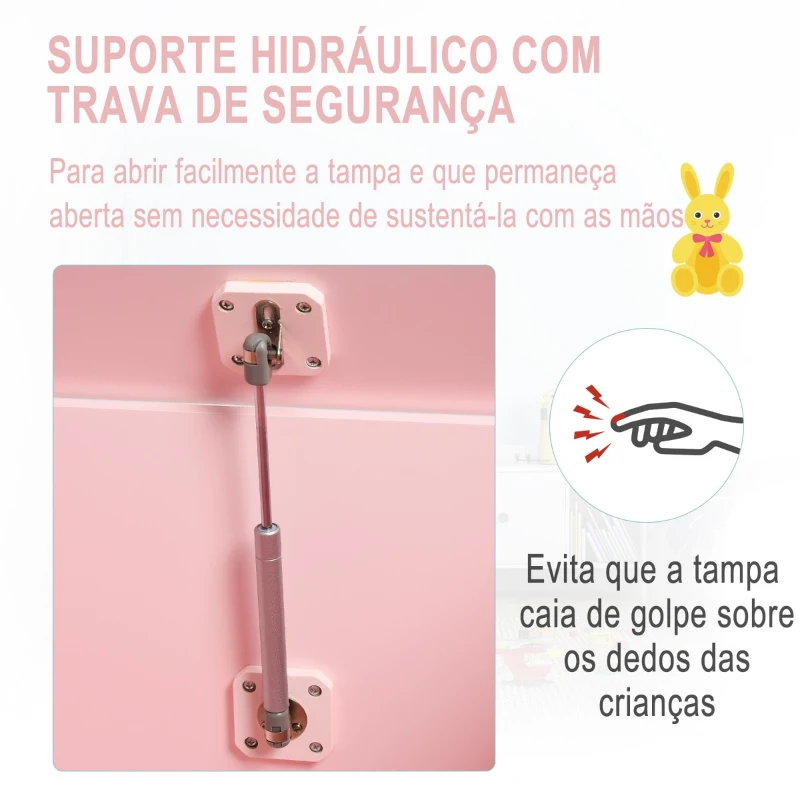 HOMCOM Organizador de Brinquedos Infatil com Tampa Tipo Baú para Crianças Acima de 3 Anos Livros Roupa Brinquedos 60x40x48 cm Rosa