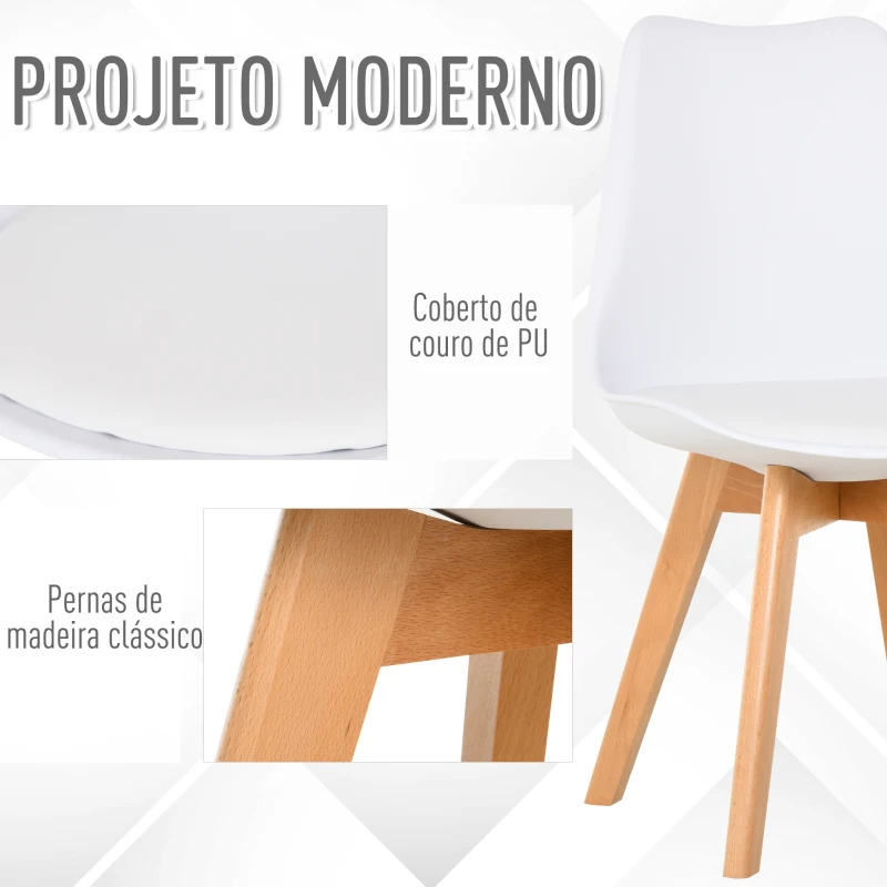 HOMCOM Conjunto de 2 cadeiras de jantar com pés de madeira maciça 47x55x80 cm Branco