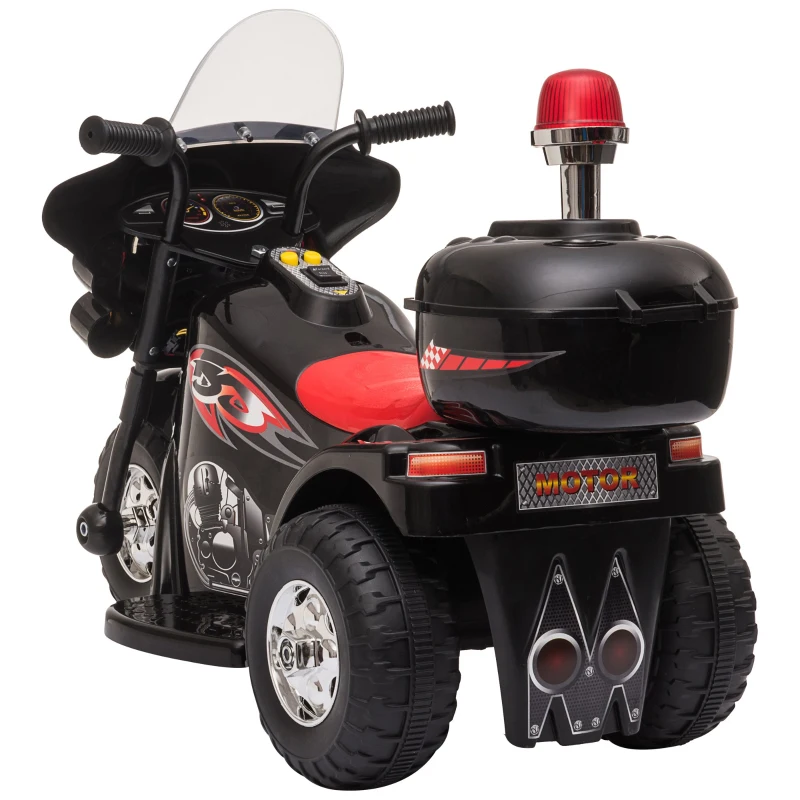 HOMCOM Mota Elétrica para Crianças de 18-36 Meses Motocicleta Infantil com 3 Rodas e Bateria 6V com Música Buzina Farol Baú 80x35x52cm Preto