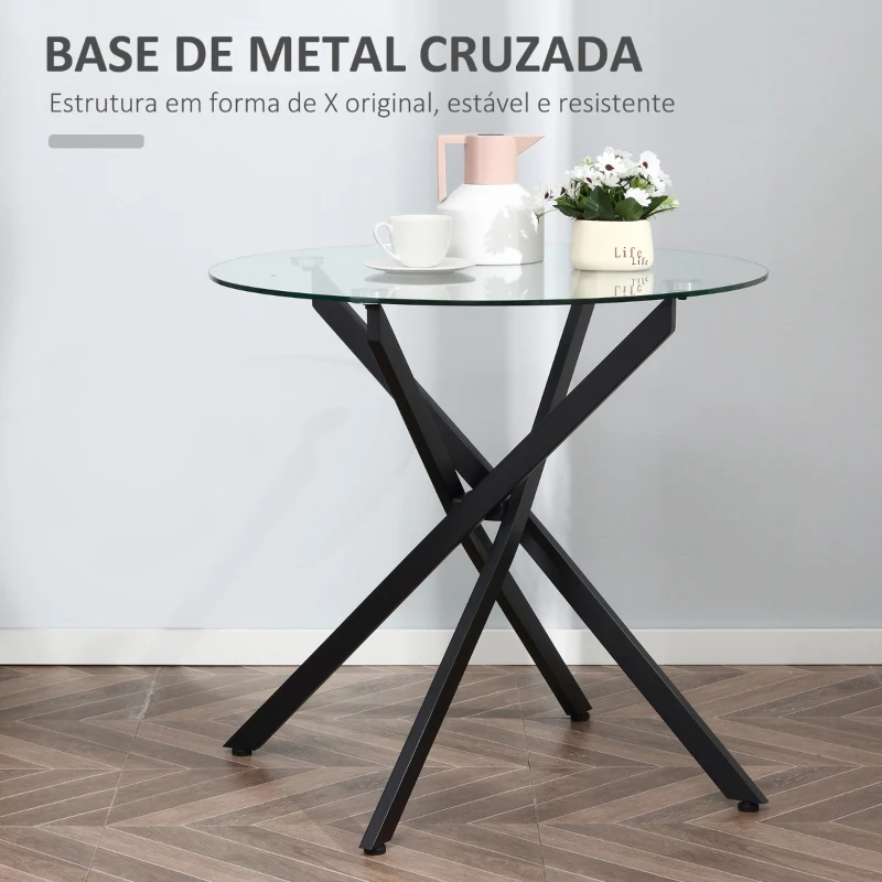 HOMCOM Mesa de Sala de Jantar Redonda com Bancada de Cristal Temperado Transparente e Pés Cruzados de Metal Mesa de Centro Moderna Ø80x75cm Preto