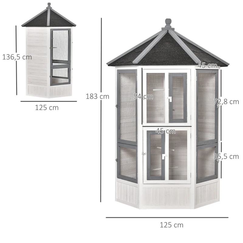 PawHut Gaiola para Pássaros de Madeira para Varanda Jardim com Múltiplas Portas Janelas 2 Ninhos de Pássaros 5 Poleiros e Teto Asfáltico 125x125x183cm Cinza Branco e Preto