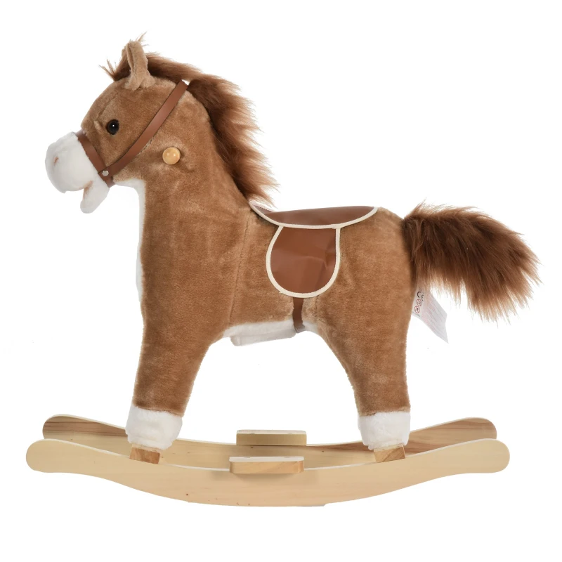 HOMCOM Cavalo Baloiço para Crianças Cavalo Baloiço de Pelúcia Suave com Música Relinchos Sons de Galope Boca e Cauda Móveis 65x32,5x61 cm Marrom