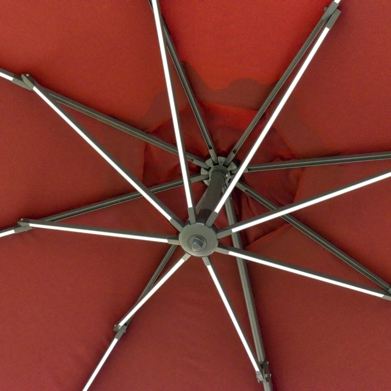 Outsunny Chapéu de Sol Excêntrico Φ300x248cm com Proteção UV 50+ Giratório 360º com Manivela Luzes LED Painel Solar e Teto Reclinável Vinho