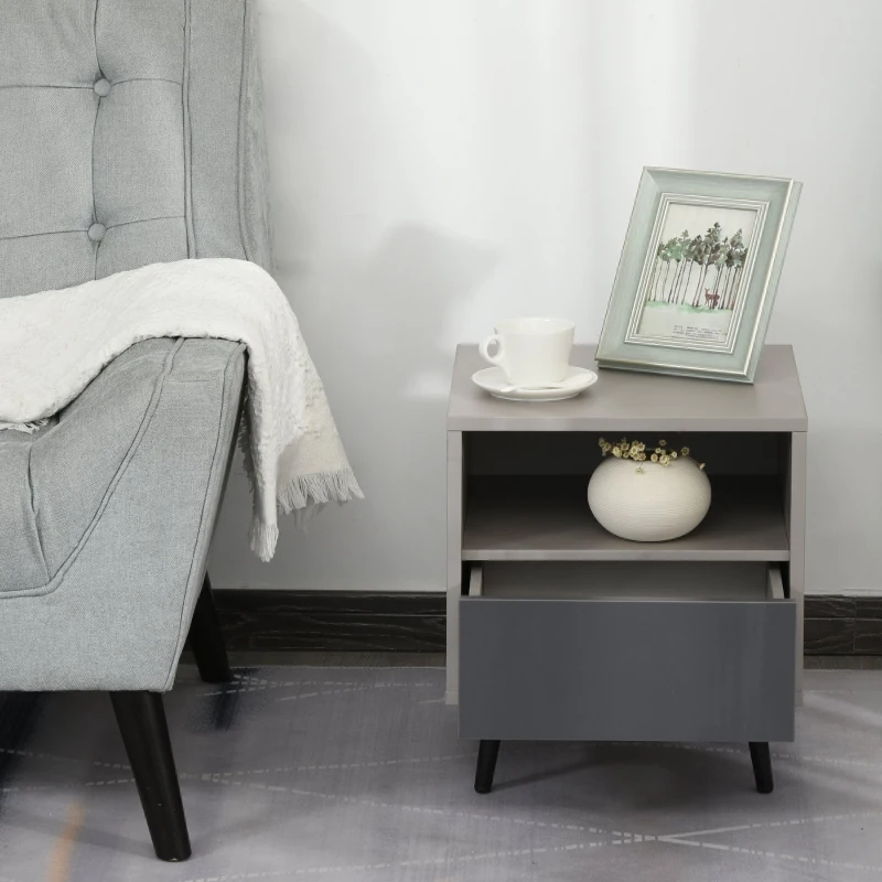 HOMCOM Mesa de cabeceira com 1 gaveta aberta prateleira e pernas de metal desenho Minimalista 40x40x45 cm cinza