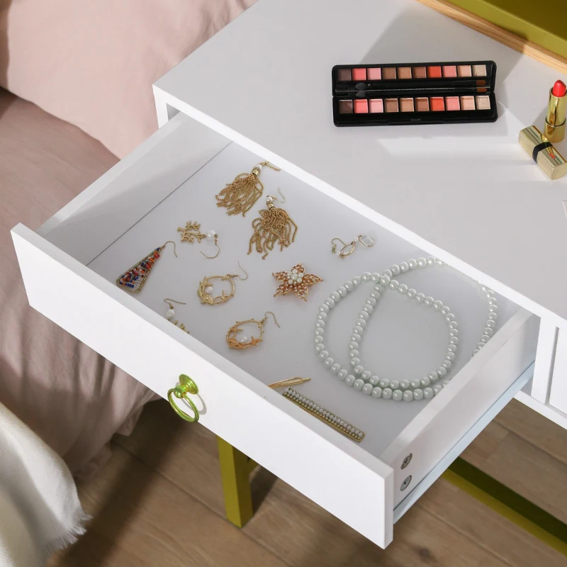 HOMCOM Toucador com Espelho e Luz LED Mesa de Maquilhagem com 3 Gavetas e 2 Prateleiras Sensor Tátil para Dormitório Estrutura Metálica Dorada 90x40x125cm Branco e Madeira