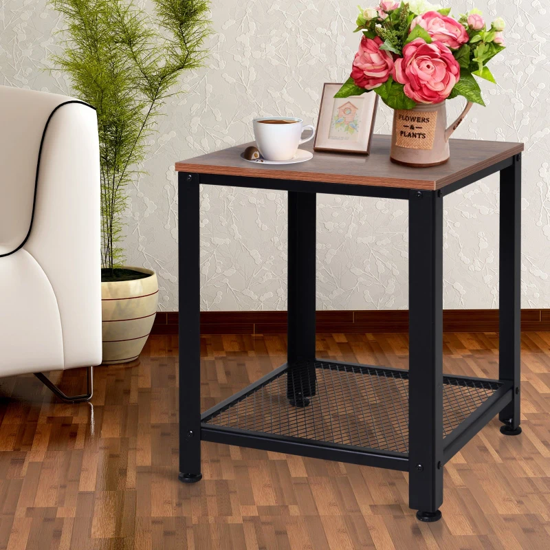 HOMCOM Mesa Lateral Estilo Industrial Rústico para sala de estar e quarto 45x45x55cm Marrom e Preto