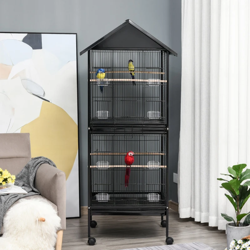 PawHut Grande gaiola de pássaros de 2 andares com rodas 8 alimentadores 4 poleiros e bandejas removíveis 71,5x72x170 cm Preto