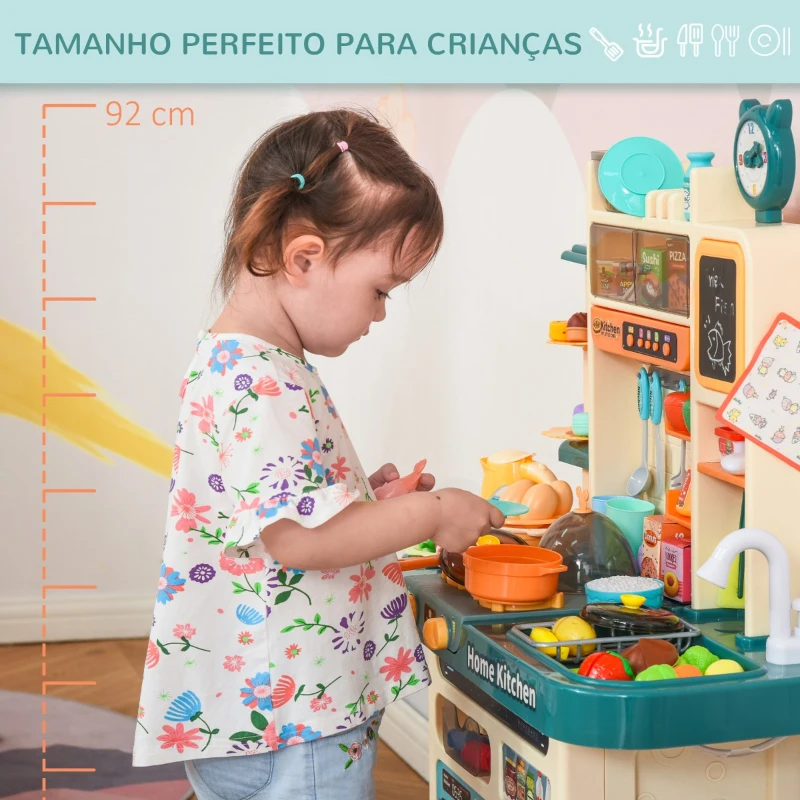 HOMCOM Cozinha de Brinquedo para Crianças de 3-6 Anos com Luz Sons Água Vapor Lousa 113 Acessórios Incluidos Cozinha Infantil Educativa 70x32x92,2cm Multicor