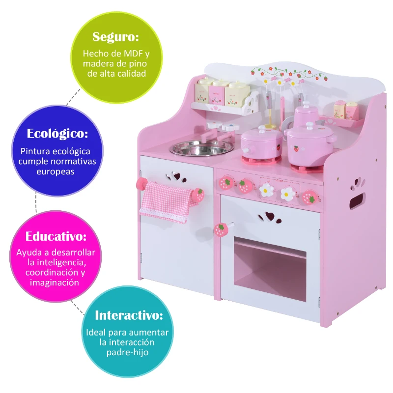 HomCom Cozinha de Brincar de Madeira para Crianças +3 Anos com Acessórios Multicor - 60x30x62cm