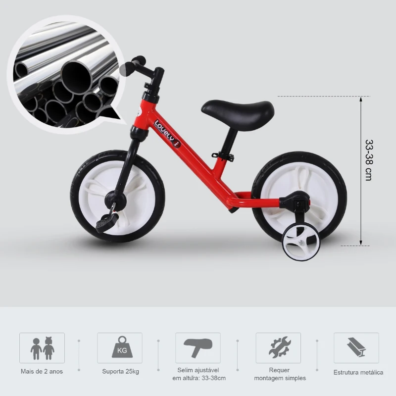 HOMCOM Bicicleta Balance com pedais e rodas removíveis Assento ajustável 33-38cm Crianças +2 Anos Carga 25kg Cor vermelha