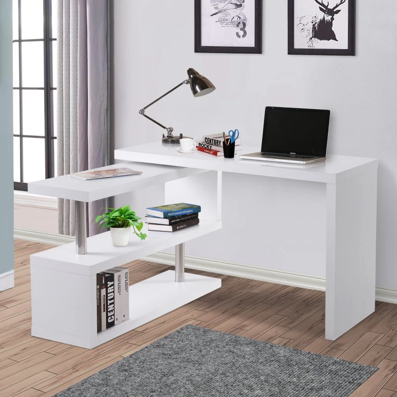 HomCom Secretária com Estante para quarto e escritório MDF e Aço Inoxidável 187,5x50x76,1cm Branco