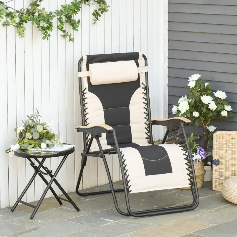 Outsunny Espreguiçadeira dobrável e reclinável de aço com apoio de cabeça removível Suporte para copos e apoio de braços para jardim externo 90x75x110 cm Bege