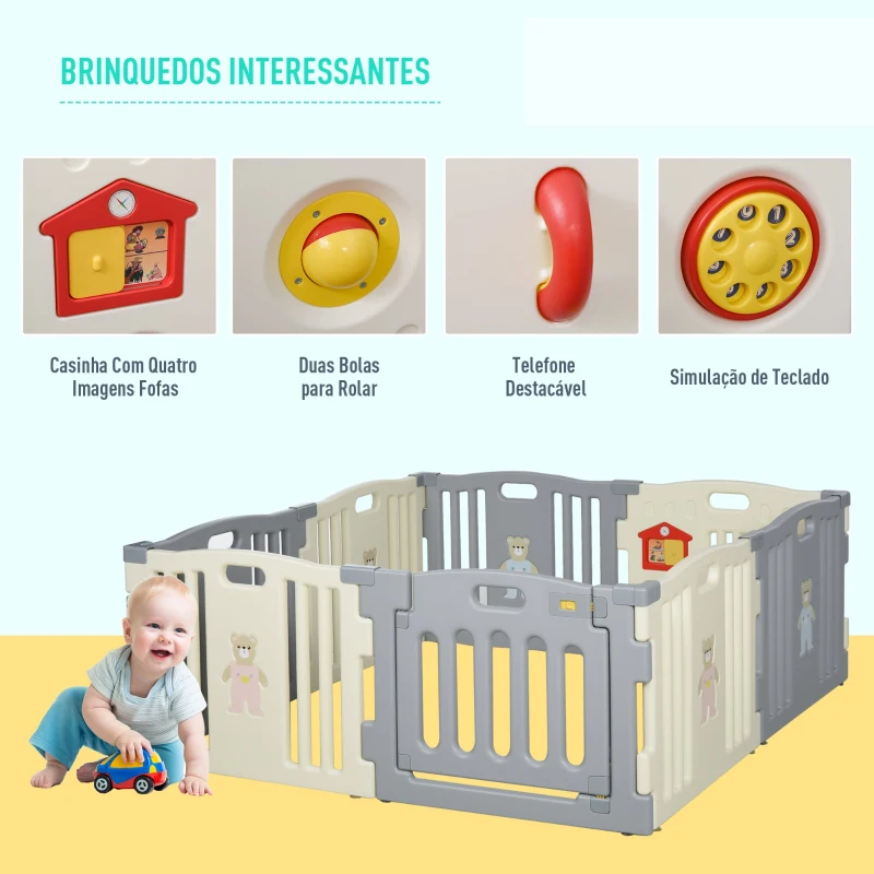HOMCOM Parque infantil dobrável com 8 painéis para crianças acima de 6 meses 156x156x63 cm Branco e cinza