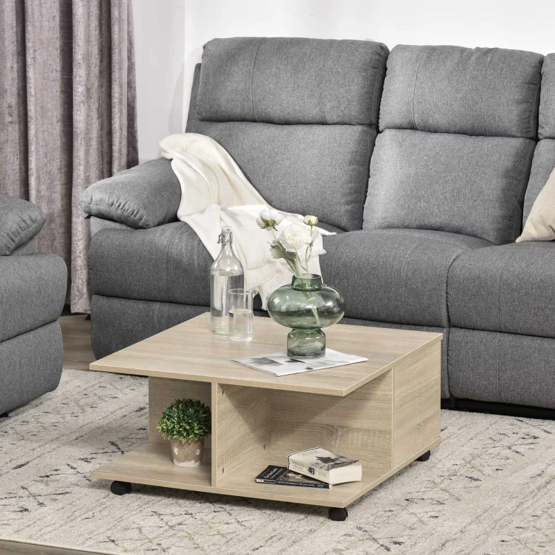 HOMCOM Mesa de Centro para Sala de Estar Mesa de Centro com Rodas 2 Prateleiras Abertas e 2 Gavetas 70x70x35cm Natural