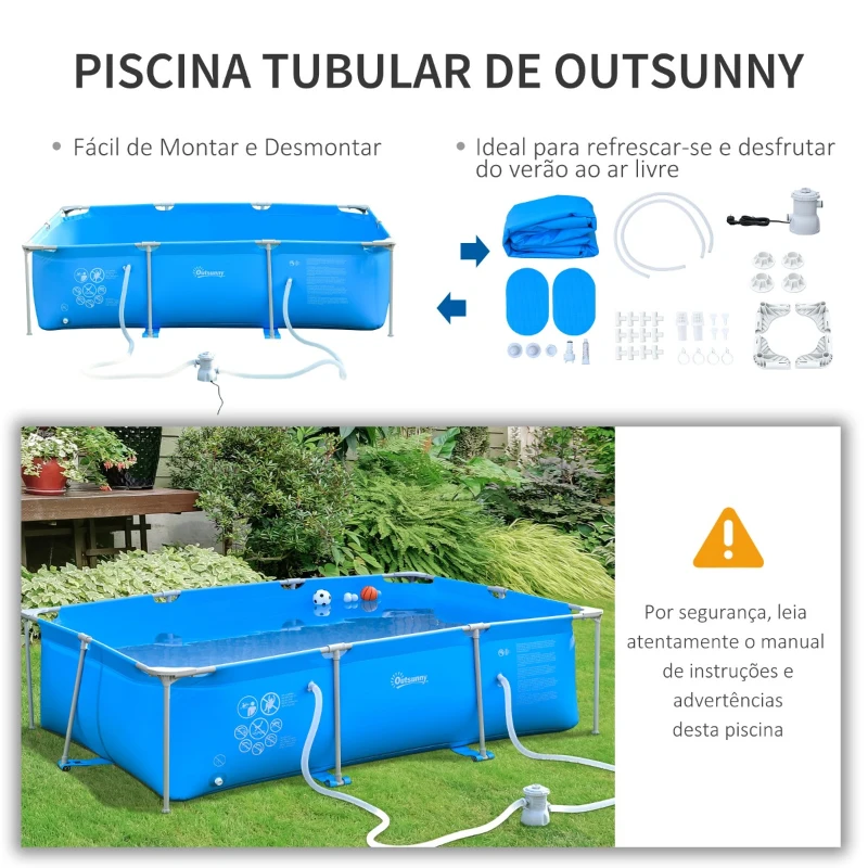 Outsunny Piscina Desmontável Tubular 252x152x65cm com Depuradora de Cartucho Piscina Retangular de Exterior para Adultos e Crianças 2.163L Azul