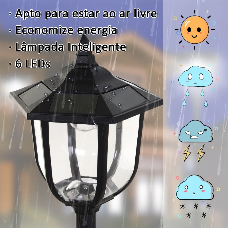 Outsunny Candeeiro Solar com Painel Solar Candeeiro de Jardim com 6 LEDS Autonomia 6-8 horas Ø26x177 cm Preto
