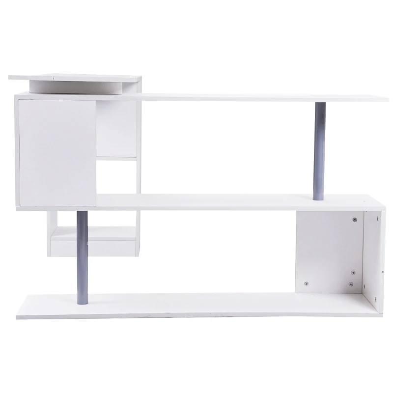 HOMCOM Secretária Mesa de Escritório Branco de Canto com Rotação 360° Multiformes 2 Prateleiras Estante Branca